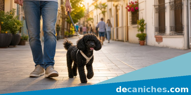 Caniche miniatura junto a comedero y agua alimentación responsable de un caniche miniatura