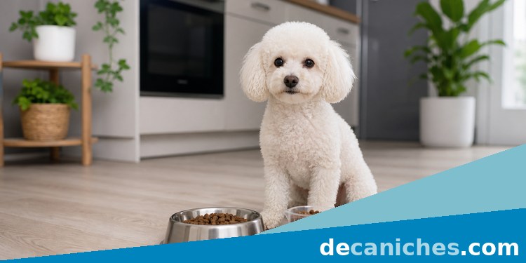 Caniche toy junto a su comedero en casa alimentación inicial de un caniche toy