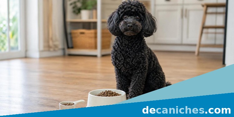 Rutina de alimentación tranquila para reforzar hábitos del caniche toy Caniche toy esperando junto a su comedero en una rutina calmada