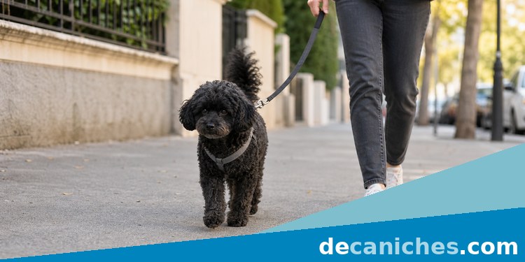 Caniche toy durante un paseo urbano tranquilo primeros paseos de un caniche toy