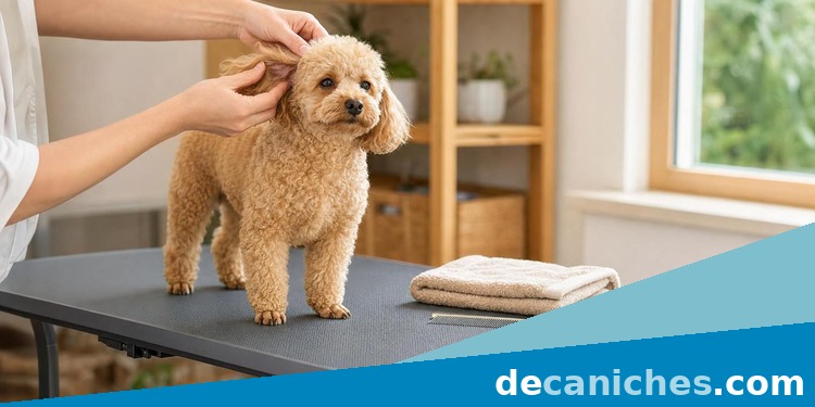 Revisión suave de orejas para acostumbrar al caniche al manejo Caniche miniatura tranquilo durante una revisión de orejas