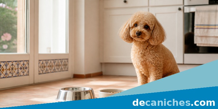 Caniche toy junto a cuencos de comida y agua en una cocina luminosa