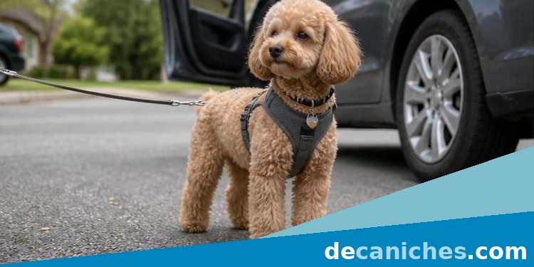 Caniche con arnés antes de viajar en coche caniche pequeño con arnés junto a un coche antes de viajar