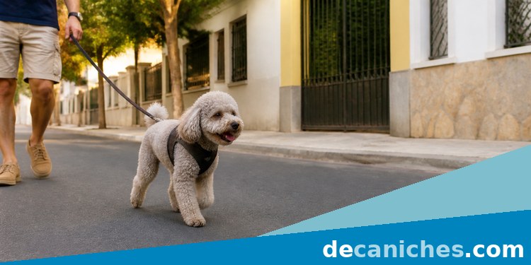 Caniche miniatura paseando con arnés caniche miniatura paseando para mantener peso saludable