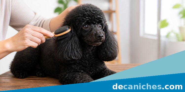 Imagen de cepillado de orejas de caniche para evitar nudos y humedad acumulada Cepillado suave alrededor de las orejas de un caniche negro