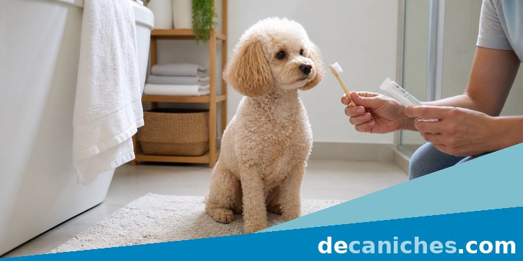 Preparar el cepillado dental de un caniche miniatura caniche miniatura con cepillo dental para perro
