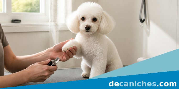 Caniche blanco tranquilo durante una sesión de corte de uñas en casa