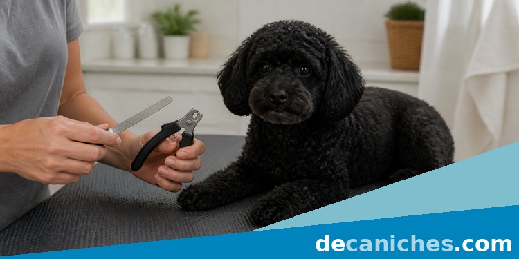 Herramientas para cortar las uñas de un caniche Caniche negro junto a cortaúñas y lima para el cuidado de las uñas