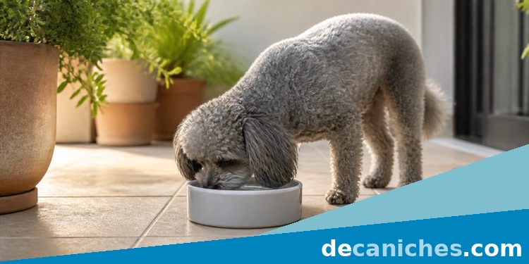 Hidratacion diaria en caniches pequeños Caniche gris bebiendo agua fresca en una terraza