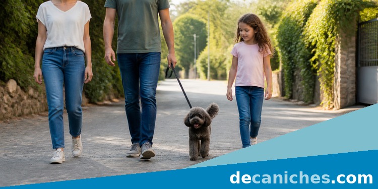 Paseo familiar tranquilo con un caniche y una niña paseo familiar con caniche y niños