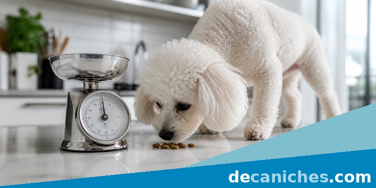 Raciones medidas para un caniche toy Caniche miniatura junto a una bascula de cocina para controlar la racion