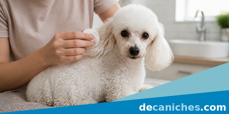 Foto de limpieza exterior de orejas de caniche en una rutina de higiene casera Limpieza exterior de orejas de un caniche con una gasa suave