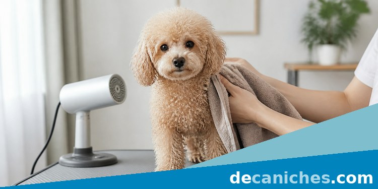 Secado tranquilo de un caniche después del baño secado de caniche con toalla y aire suave