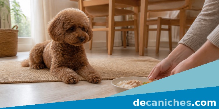 Transicion de dieta en un caniche miniatura Caniche marron observando una comida sencilla durante un cambio de dieta