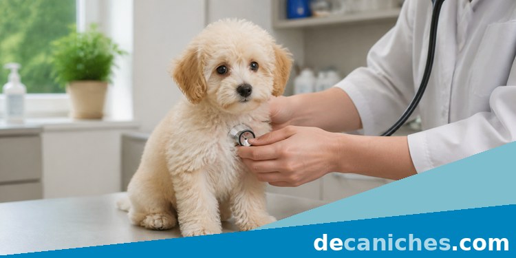 Revisión veterinaria de un caniche cachorro con miedo caniche cachorro en revisión veterinaria calmada