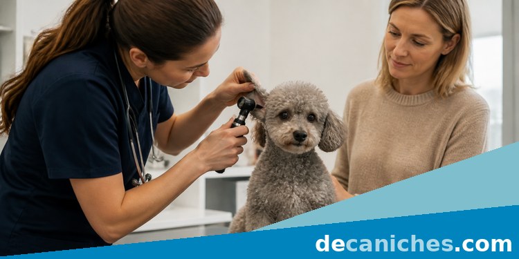 Foto de revisión veterinaria de oído en caniche ante signos de molestia Veterinaria revisando la oreja de un caniche miniatura tranquilo