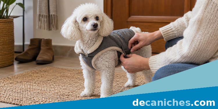 Ajuste de abrigo para un caniche con frío caniche con frío probando un abrigo cómodo en casa