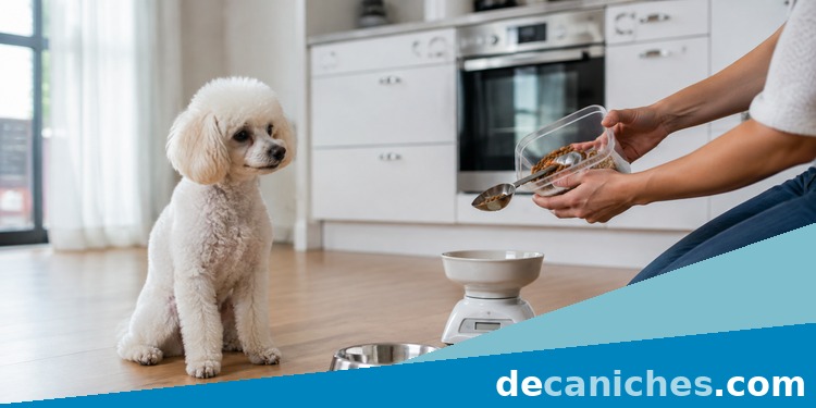 Ración medida para un caniche en casa Cuidadora preparando la comida de un caniche con una rutina ordenada