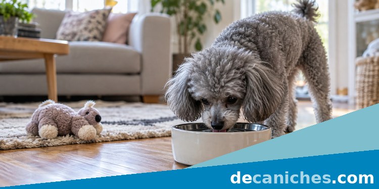 Caniche bebiendo agua de un cuenco limpio caniche bebiendo agua en casa