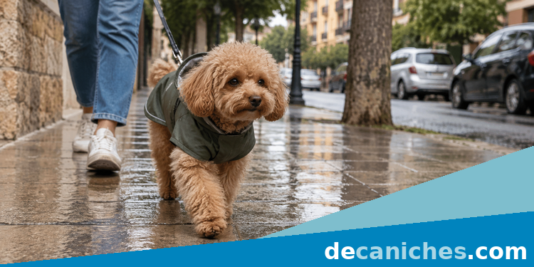 Caniche con lluvia durante un paseo tranquilo por una acera mojada