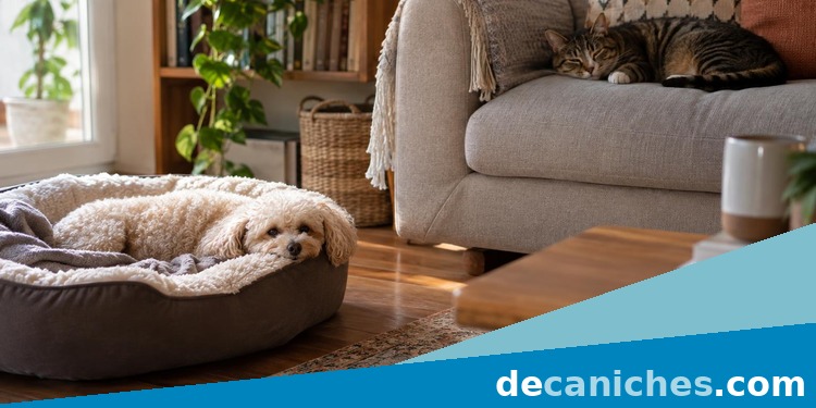 Zonas de descanso separadas para caniche y gato Caniche descansando en su cama mientras un gato observa desde el sofá