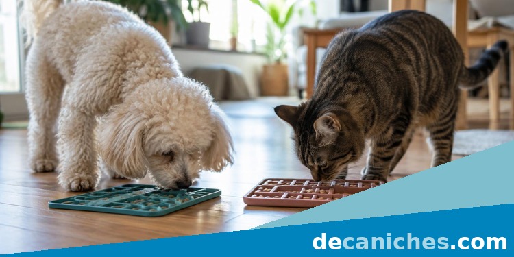 Actividad tranquila de olfato para caniche y gato Caniche y gato usando alfombras de olfato en casa