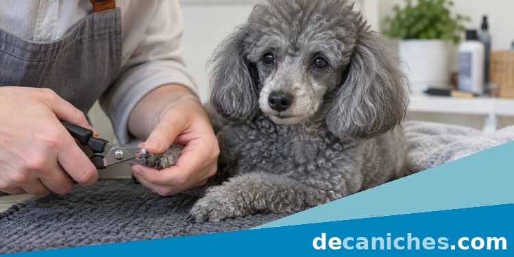 Cortar las uñas del caniche con paciencia Caniche gris relajado mientras se prepara un corte prudente de uñas