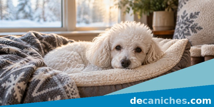 Descanso cómodo de un caniche después del frío caniche descansando caliente en una cama cómoda