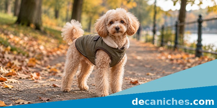 caniche con frío paseando con abrigo en otoño