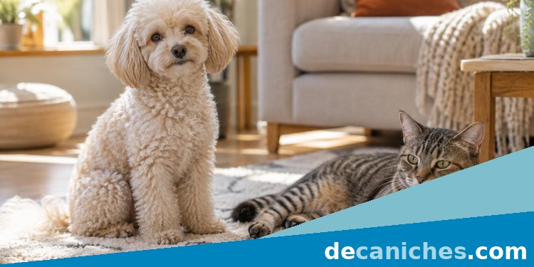 Caniche y gato tranquilos en el salon