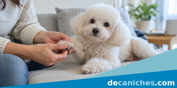 Caniche tranquilo durante una revisión suave de sus uñas en casa