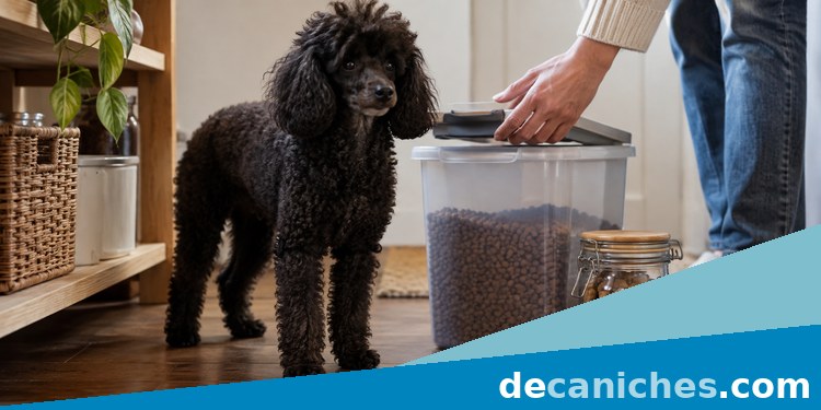 Pienso bien guardado y agua fresca para un caniche pienso cerrado y agua fresca para caniche