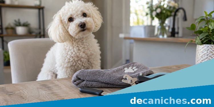 Herramientas para el cuidado de uñas del caniche Caniche junto a cortaúñas, lima, toalla y premios para una rutina tranquila
