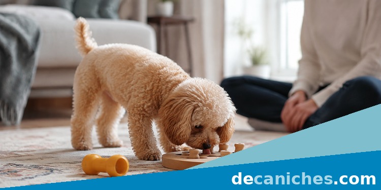 Caniche toy usando un juguete de olfato dentro de casa Juego de olfato para caniche toy en casa