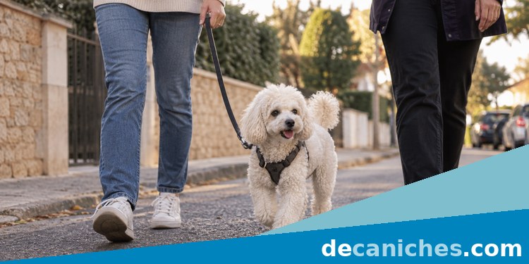 Paseo relajado con caniche despues de una visita caniche paseando con su familia y una visita