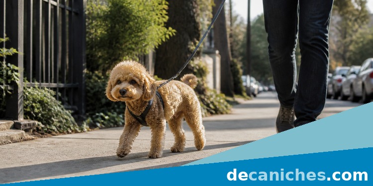 Paseo de mañana con un caniche toy caniche toy con arnés durante un paseo de rutina por la mañana