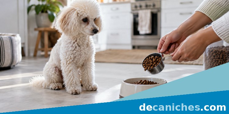 Caniche con comida medida y agua disponible agua y comida del caniche en rutina diaria