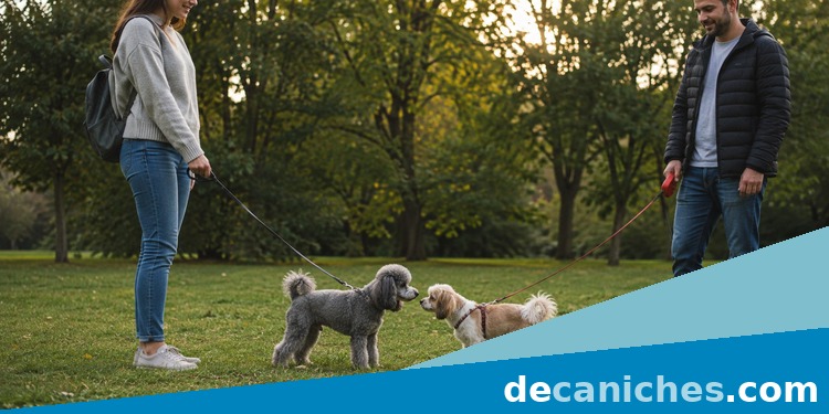 Caniche socializando con calma en el parque Caniche con correa saludando a otro perro de forma controlada