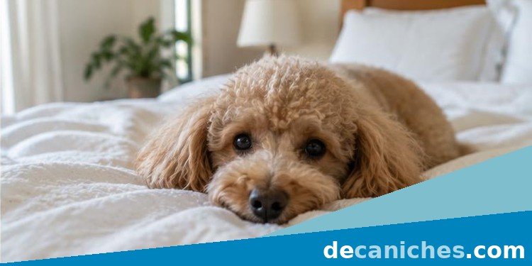 Cama limpia y manta lavable para reducir olores en caniches caniche descansando en una cama limpia con manta lavable