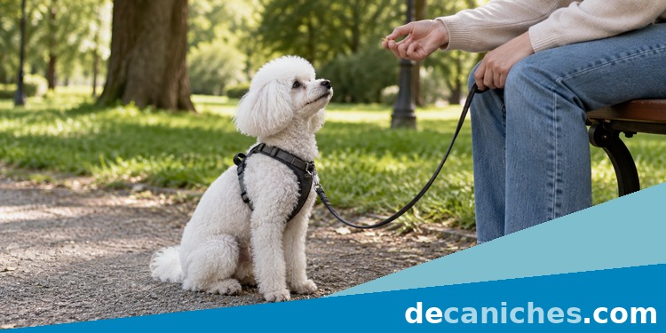 Caniche atento durante el paseo con correa Caniche sentado atento a su guia para practicar paseos sin tirones