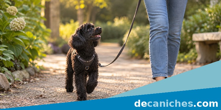 Caniche negro paseando con correa relajada Caniche miniatura caminando junto a su guia por un sendero con correa sin tension