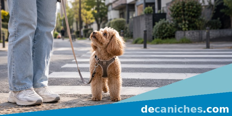 Caniche esperando en paso de peatones con correa Caniche con arnes esperando tranquilo antes de cruzar con correa relajada