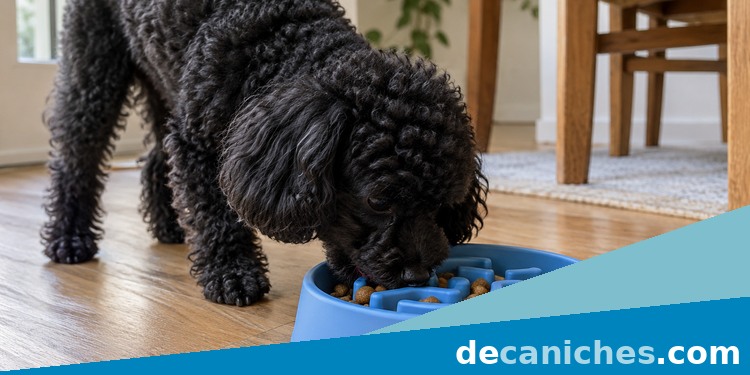 Uso de un cuenco de alimentación lenta para caniches caniche negro comiendo en un comedero lento azul