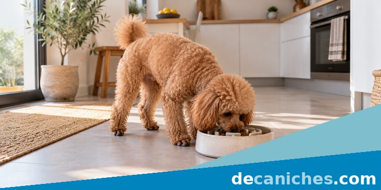 caniche que come demasiado rápido usando un comedero lento
