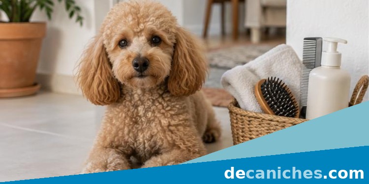 Caniche limpio junto a cesta de higiene para prevenir malos olores