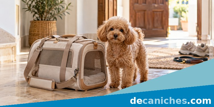 transportín para caniche en casa preparado para salir