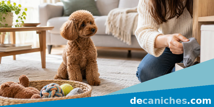 Prevención de objetos inadecuados al alcance del caniche caniche sentado junto a una cesta de juguetes mientras se guarda un calcetín