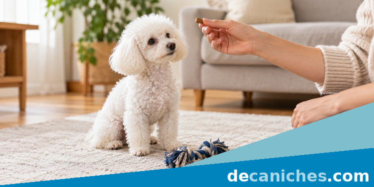 Intercambio con premio para enseñar a soltar caniche blanco practicando el intercambio de un juguete por un premio