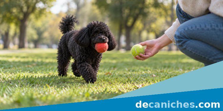 Práctica de suelta durante el juego en el parque caniche negro intercambiando una pelota durante el juego en el parque