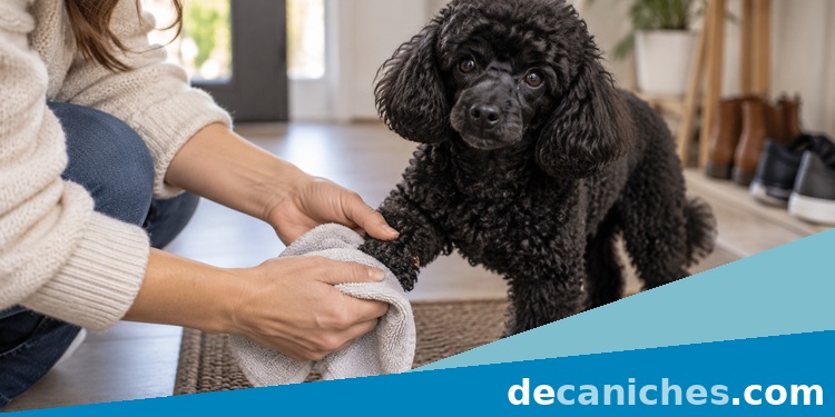 Limpiar una pata del caniche sin frotar con fuerza limpieza suave de la pata de un caniche con una toalla